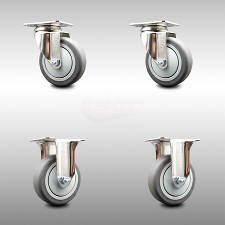 Service Caster 4 Inch 316SS Thermoplastic Rubber Swivel Top Plate Caster Brake 2 Rigid, 2PK SCC-SS31620S414-TPRB-TLB-2-R-2